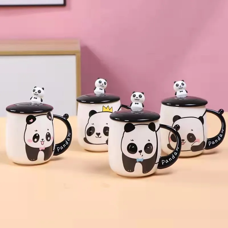 Ceramic 3D Panda Coffee Mugs with Lids Spoons New Cartoon Retro Milk Couple Cups Drinkware Business Gifts Kitchen Bar Supplies