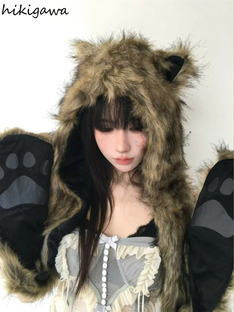 Women Faux Fur Hood Animal Hat Ear Flaps Gloves 3in1 Animal Fur Hat Fake fox fur Warm Imitation Fur Hats Cap with Scarf Gloves