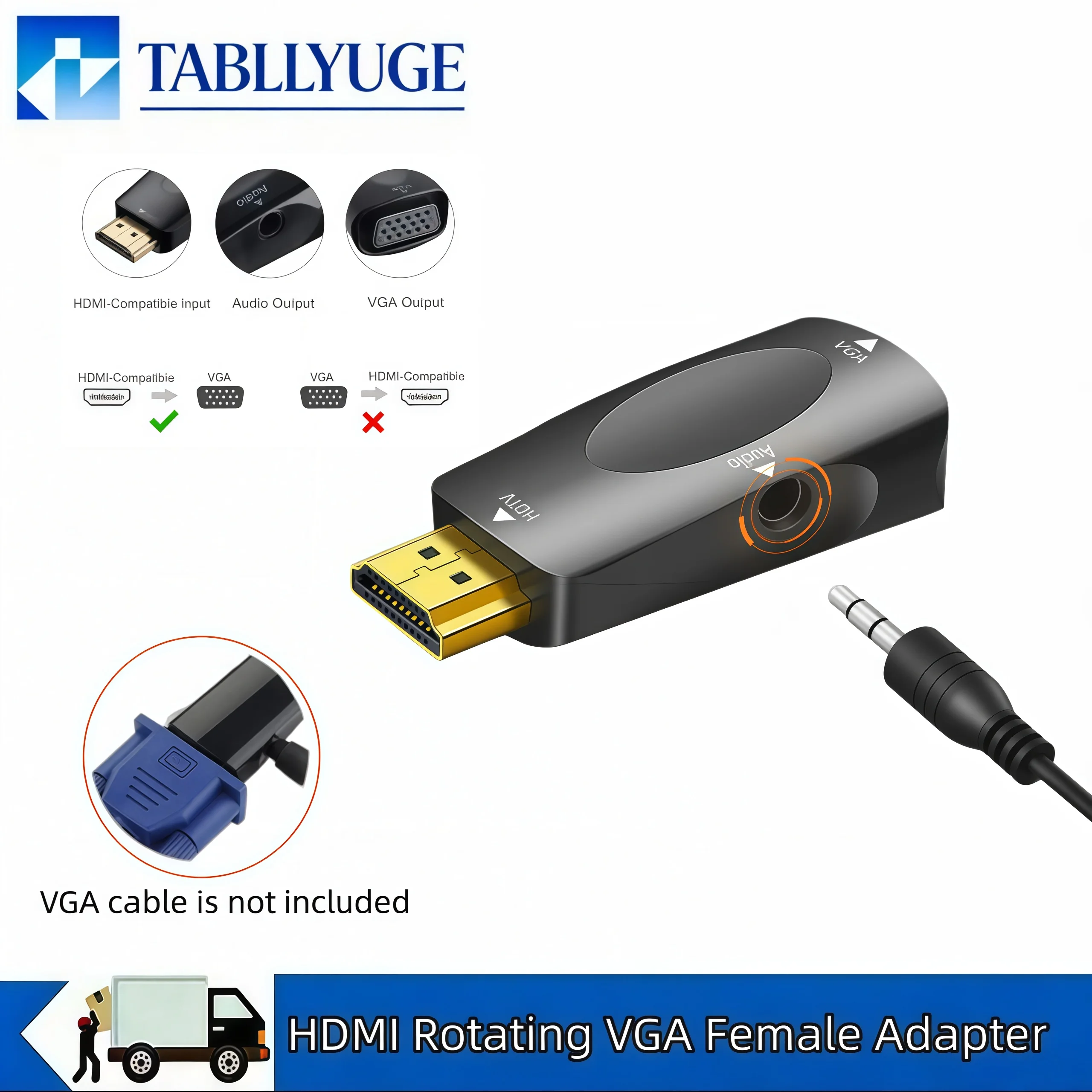 Convertidor VGA compatible con HDMI 1080P con cable de audio jack de 3,5 mm adecuado para TV, PC HD, ordenadores y proyectores.