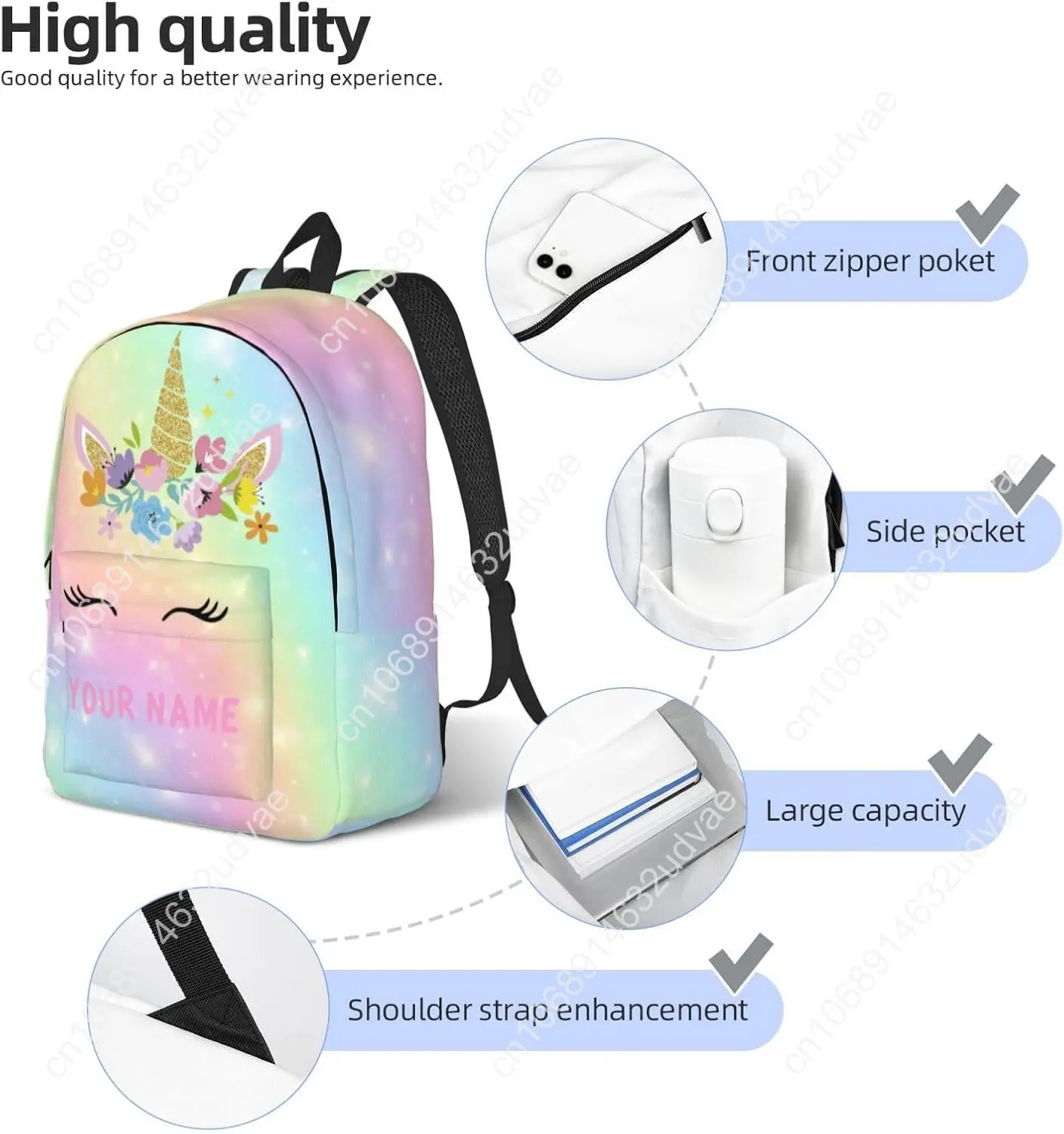 Unicorn Backpack for Girls Boys, Customized with Name, 15in