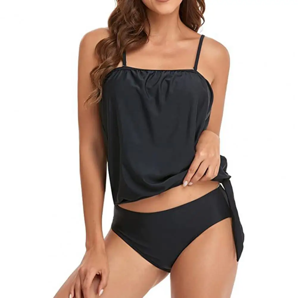 

Summer Swimsuit Set Beach Style Solid Color Lace-up Hem Sling Swimming Tops High Waist Briefs Set Split Swimwear