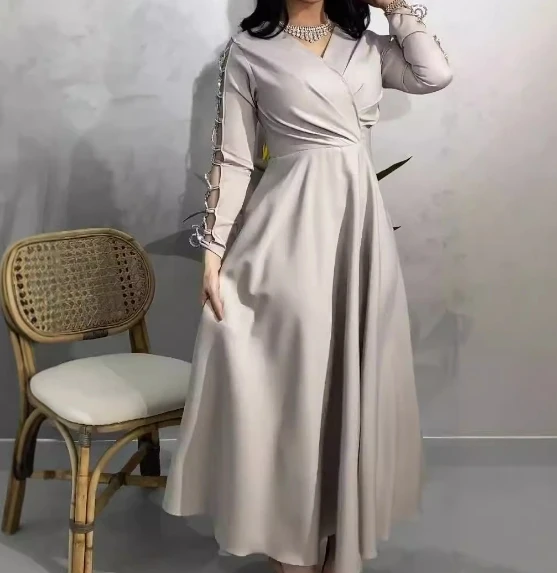 Robe de Soirée Vintage pour Femme, Col en V, Manches sulf, Couleur Unie, Amissié, Nministériels d, Slim, Plissée, Élégante, Taille Haute, Tempérament