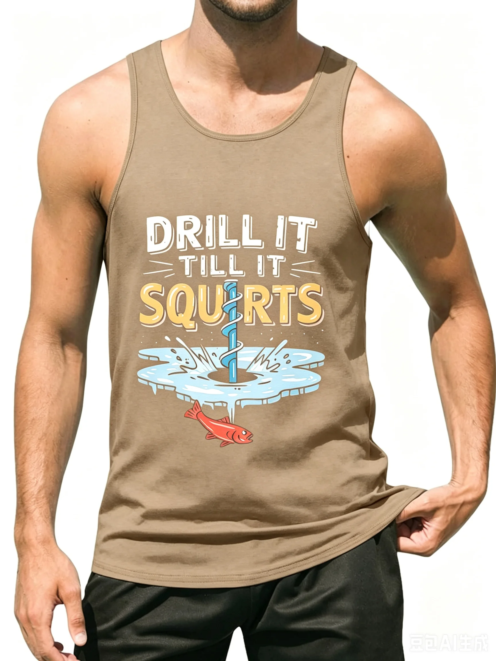 Men's Ice Fishing Graphic Tank Top, Drill It Till It Squirts Funny Sleeveless Summer Workout Gym Casual Summer lightweight Vest