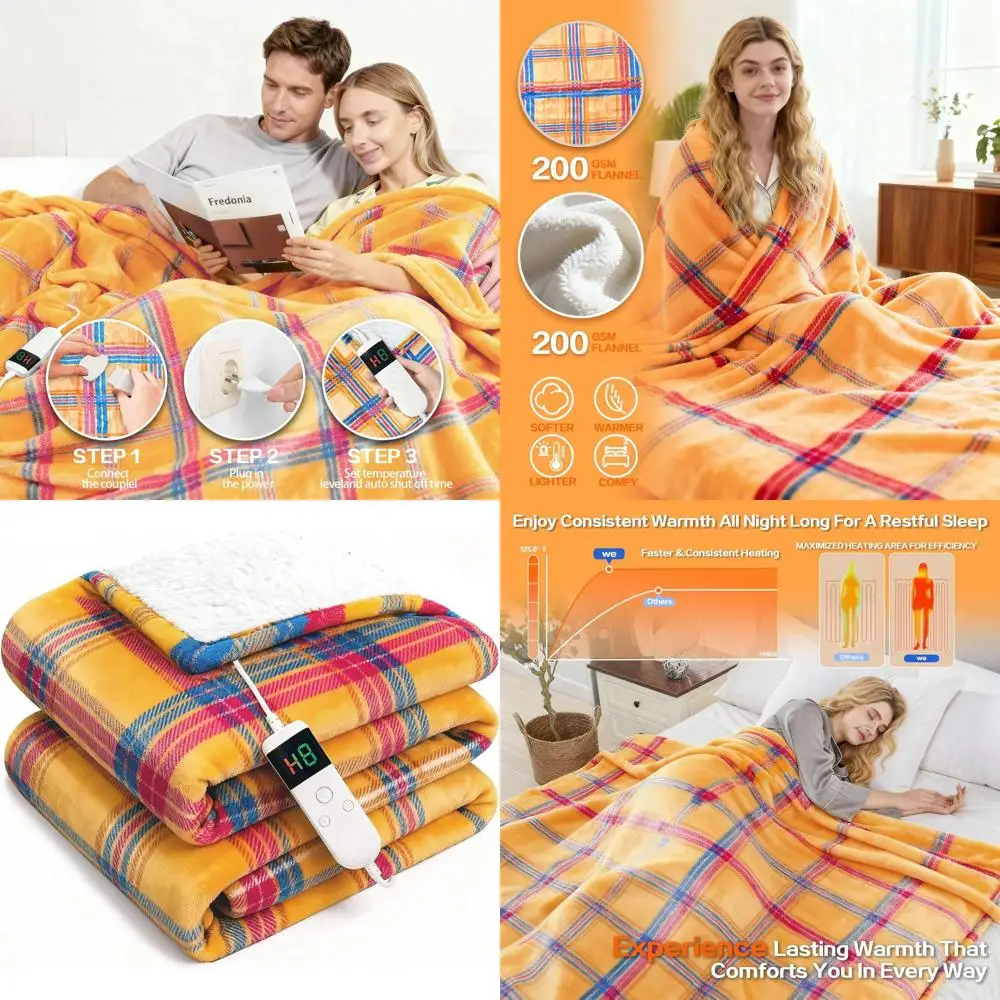 

Flannel Plaid Electric Throw Blanket, 50x60, 8-Hour Auto-Off, 10 Heat Levels, Machine Washable with Overheat Protection