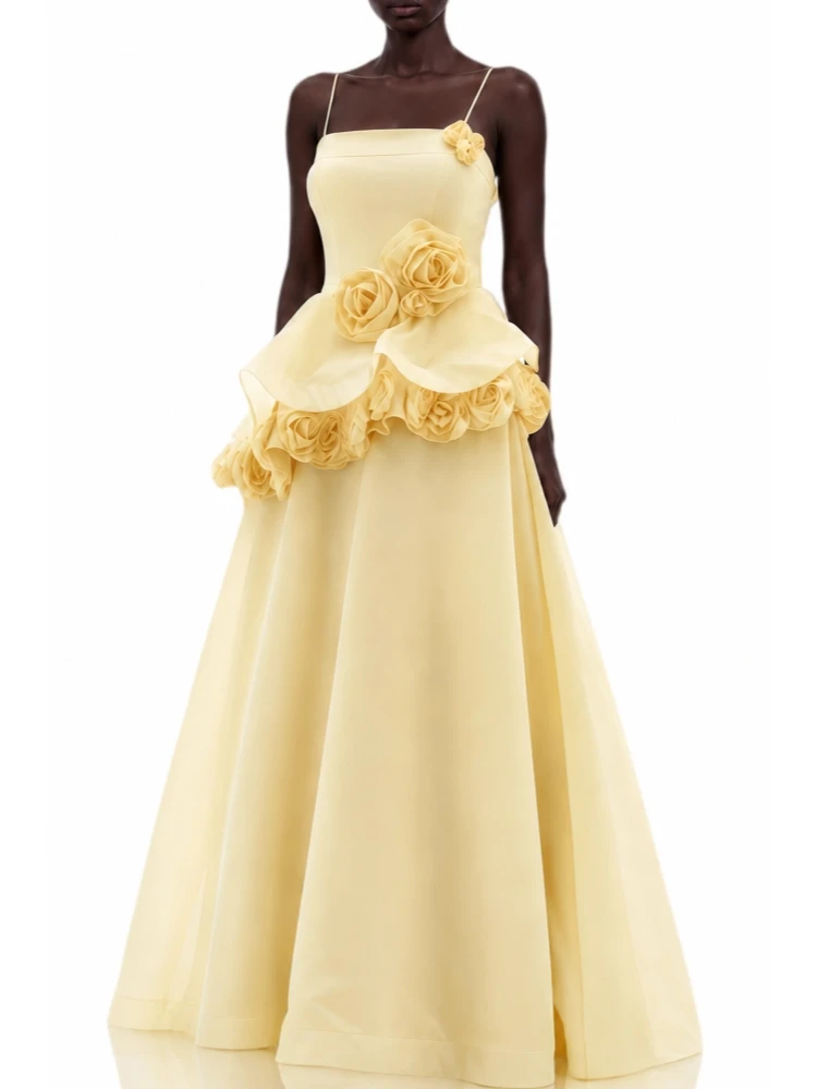 Sexy Spaghetti Strap 3D Flowers Asymmetrical Maxi Dress Women Sleeveless Floals A-line Dresses Evening Party Cocktail Gowns