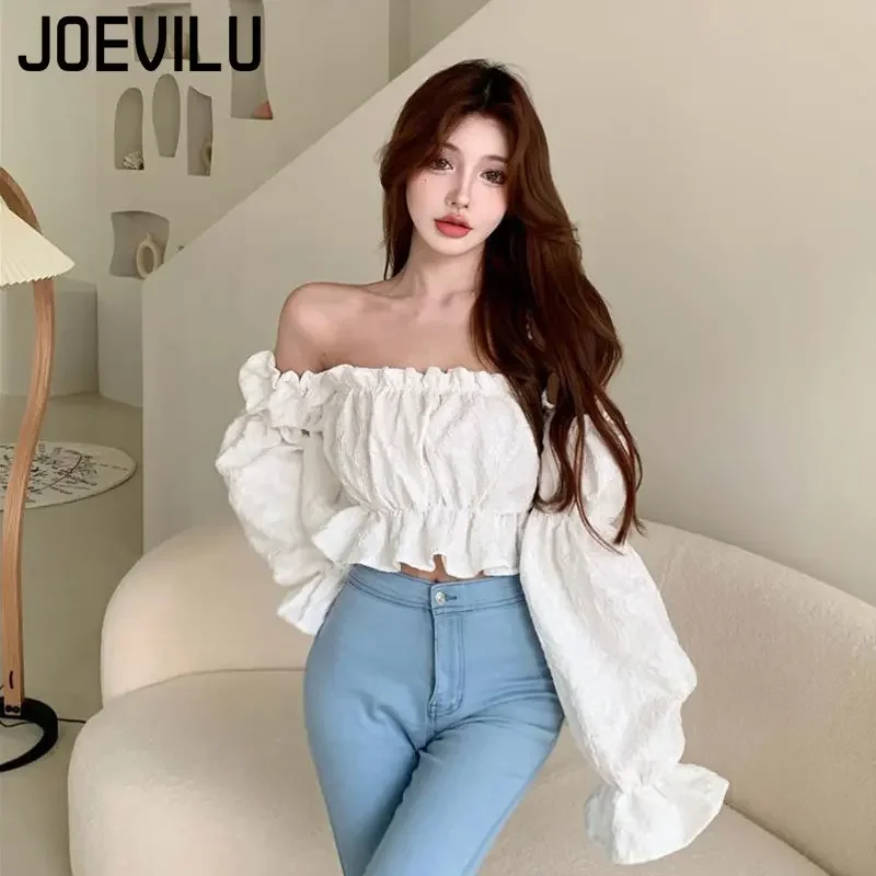 

JOEVILU Sexy Backless Shirt Off Shoulder Bubble Long Sleeve Crop Top Women's Elegant Waistband Slim Blouse Korean Fashion Corset