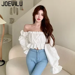 JOEVILU Sexy Backless Shirt Off Shoulder Bubble Long Sleeve Crop Top Women's Elegant Waistband Slim Blouse Korean Fashion Corset