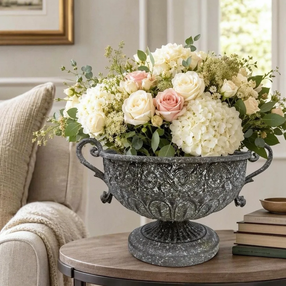 Rustic Grey Iron Plant Vase Farmhouse Style Metal Pot Distressed Dual Handle Container For Garden Home Decor