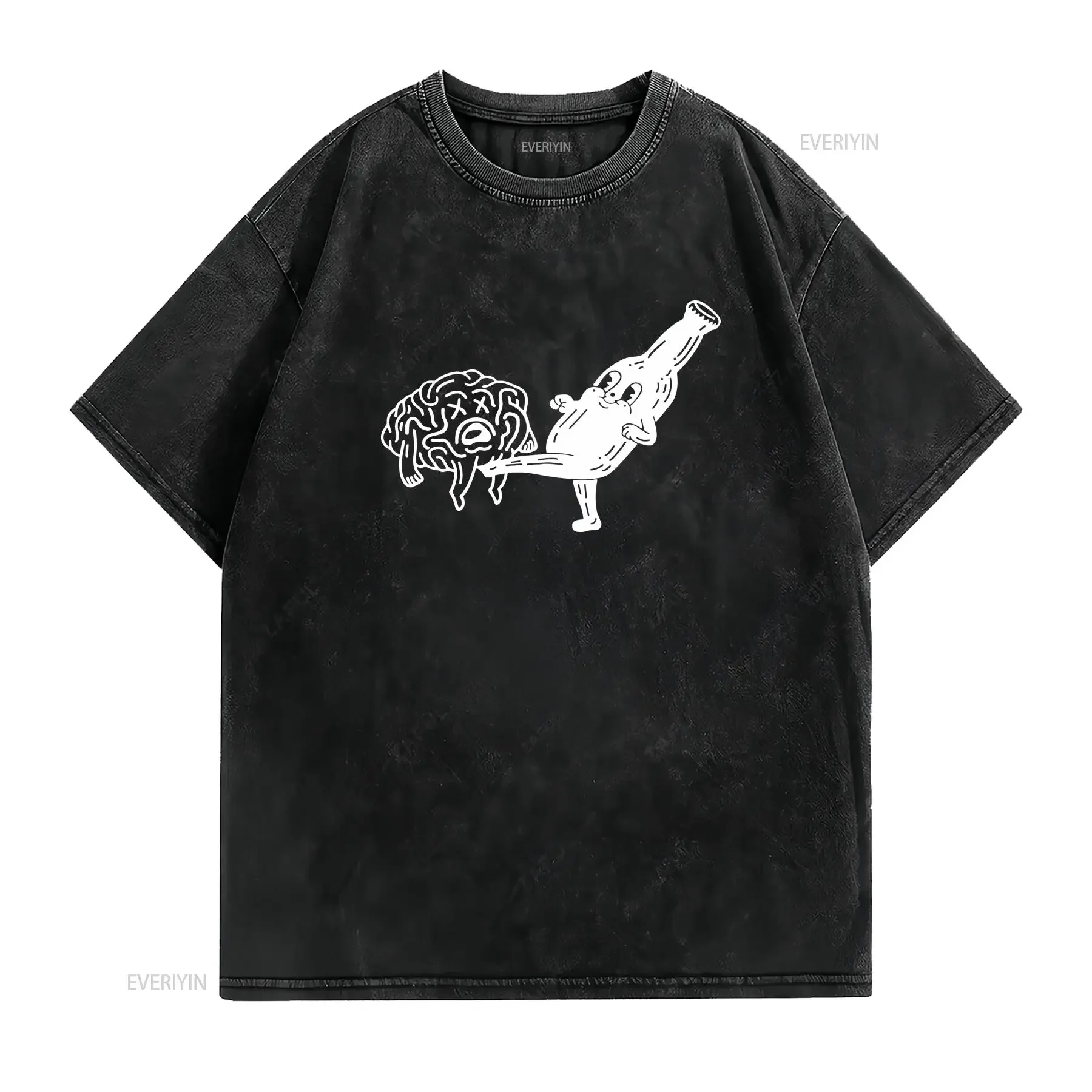 Smiling Beer Bottle Kicking Brain T Shirt  vintage Washed designer clothes fashion Top For Everyday Wear Comfortable graphic