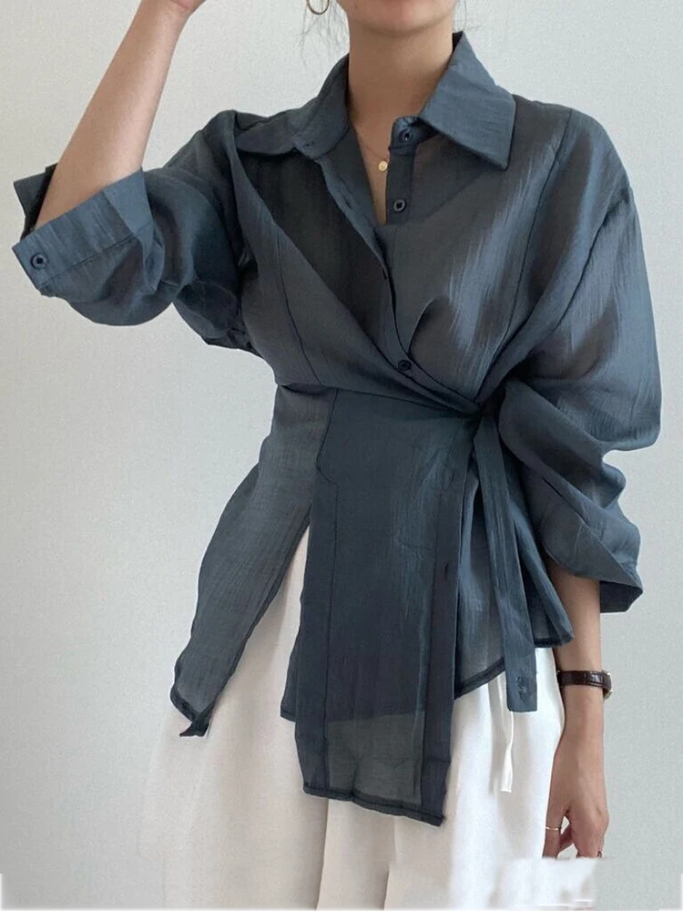 

Irregular Shirt For Women Solid Gathered Waist Office Lady Minimalist Versatile Blouse Female 2024 Summer New