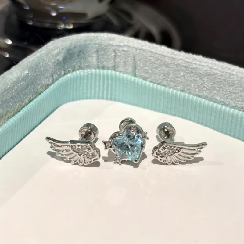 3pcs/set Sweet Fashion Angel Wings Heart Stud Earrings for Women Exquisite Shiny Blue Color Zircon Piercing Earrings Y2K Jewelry