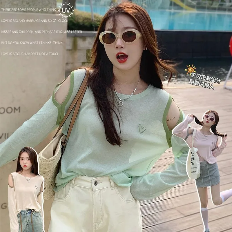 

Sunscreen Blouse Women's Summer Thin New Pullover Round Neck Loose Long-sleeved T-shirt Ice Silk Off The Shoulder