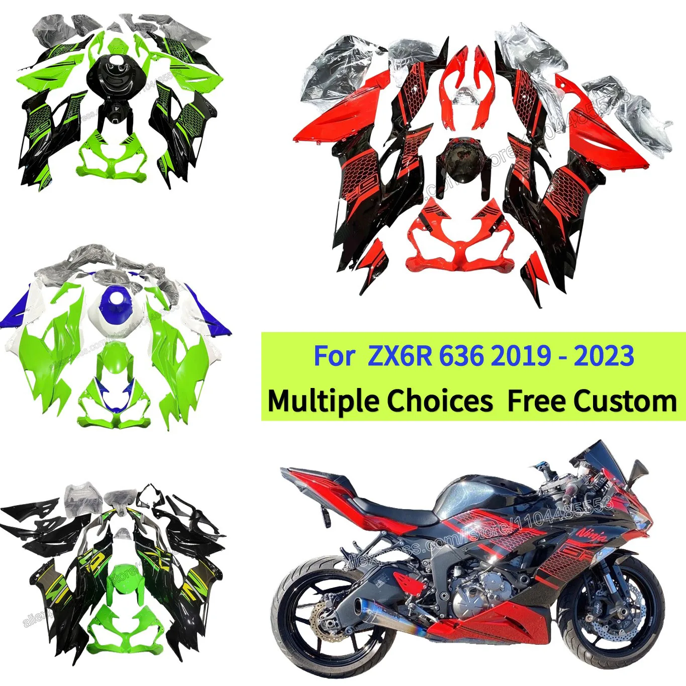 

Fairing Kit fit for Kawasaki Ninja 636 2019 2020 2021 2022 2023 ZX6R 19-23 Black with Red Honeycomb Graphic Bodywork set