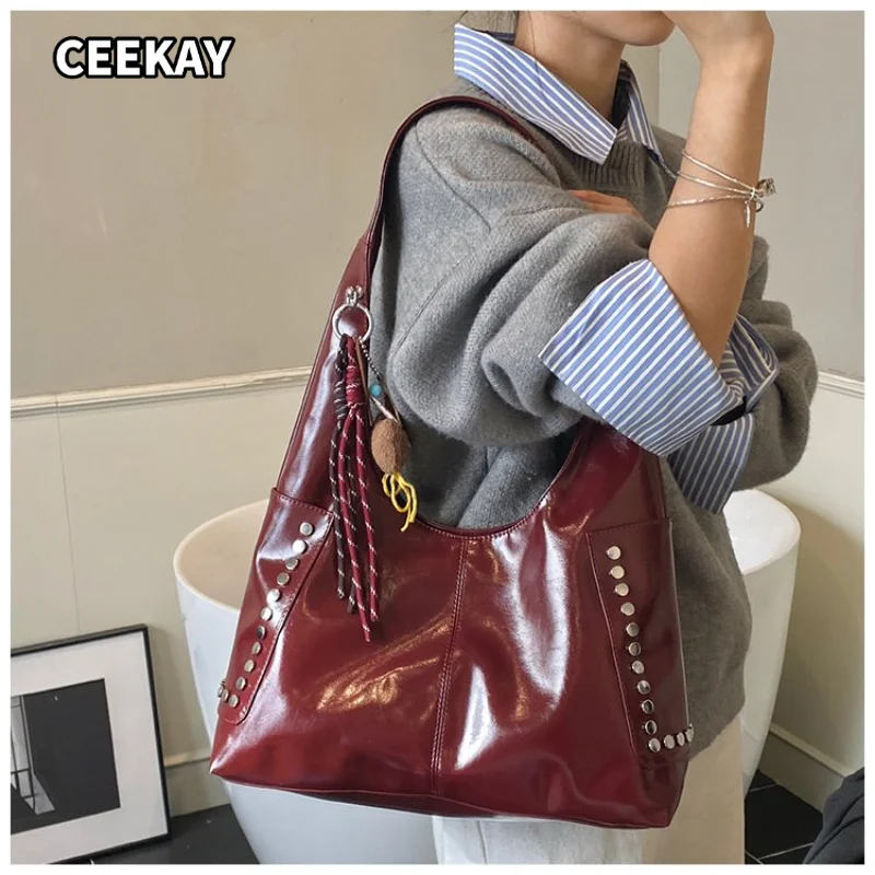 CEEKAY Women's Hobo Bag Burgundy Glossy PU Leather Large Shoulder Handbag Stud Detail Tassel Pendant Daily Casual Sweet