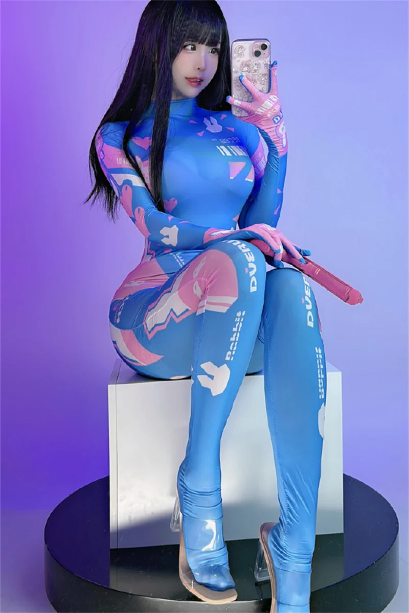 Women D.Va Cosplay Mechanical Sexy Bunny Jumpsuit and Bodystocking Sukumizu Costumes Swimwear Bodysuit Stocking Set