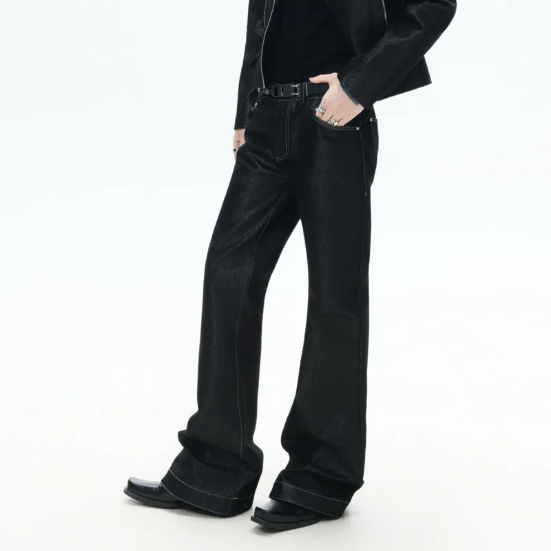 HKSH Spring Summer New Men Tide Dark Silver Shimmer Starry Night Jeans Topstitching Rivets Mid-Waist Flared Denim Pants HK21800