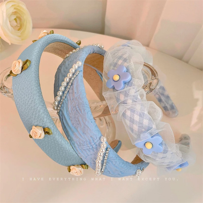 2022 New Gauze Pearl Flower Blue Face Wash Headband Retro Women\'s Fashion Hair Hoop Headband Wash Face Hair Accessories