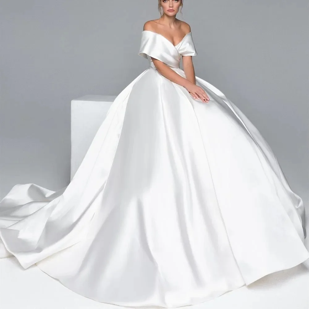 

Pure White Satin Wedding Dresses For Women Off-Shoulder Elegant Bridal Gown A-Line Formal Evening Dress Floor-Length Vestidos