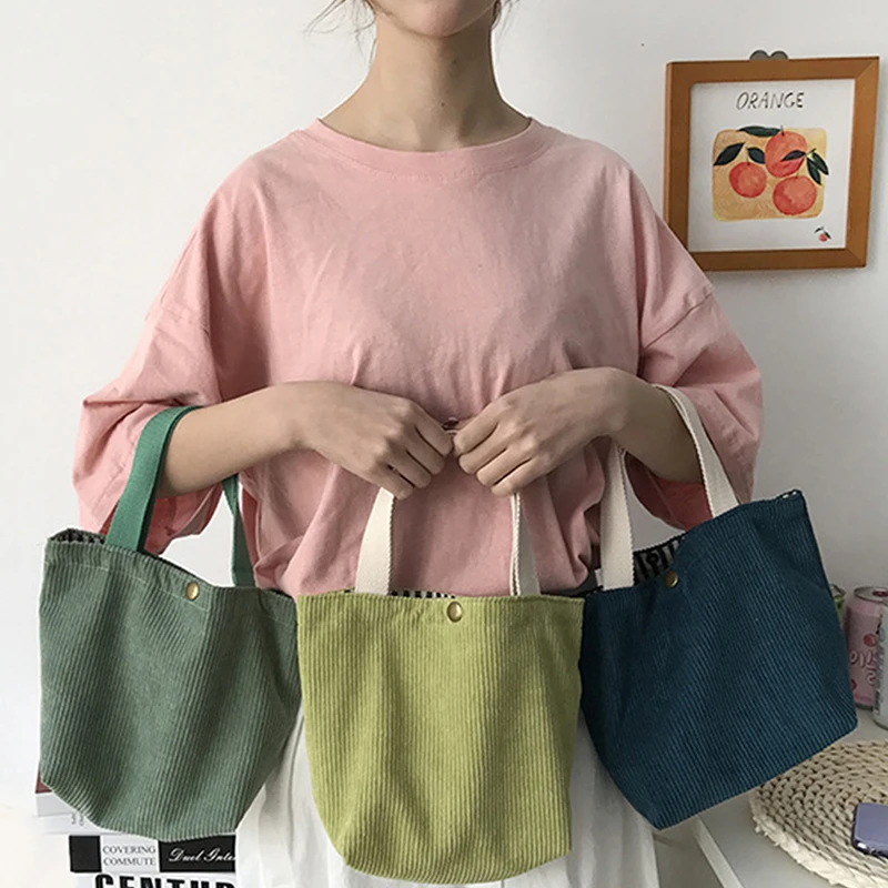 Bolsa feminina de veludo de veludo, lancheiras reutilizáveis, bolsas casuais, estilo vintage japonês, cor sólida