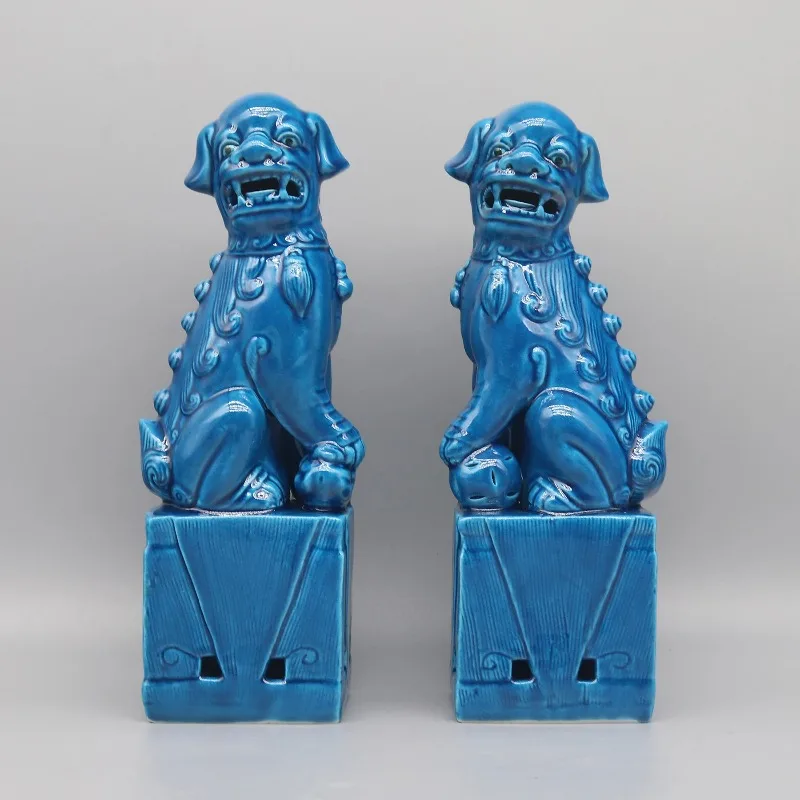 Pair of Chinese Guardian Lions , Ceramic Sculpture Figurine, Traditional Feng Shui Ornament for Living Room Tabletop Home Decor