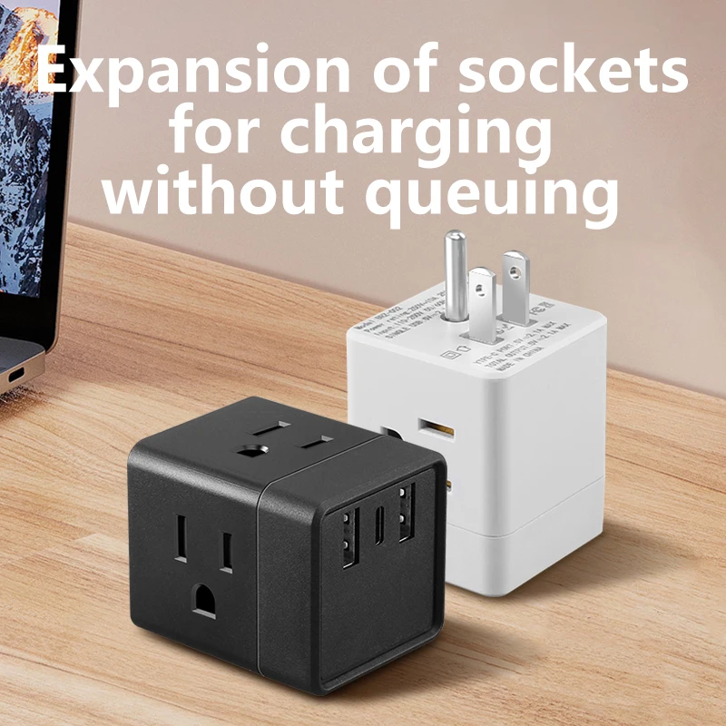 US plug adapter 6-in-1 - American plug extension adapter with multiple sockets and mini power adapter for power sockets