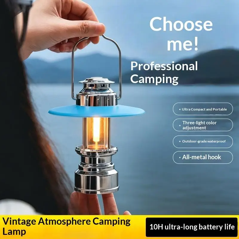 Portable Rechargeable LED Camping Lantern 3 Modes Waterproof 10H Runtime Metal Hook for Backpacking Fishing Trips
