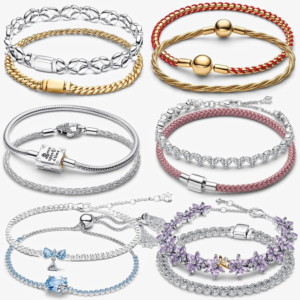

Новинка 2026 года: Изысканный теннисный браслет из серебра 925 пробы с фиолетовым цветком, пчелой и кожаным плетеным шнуром, DIY, с подвесками
