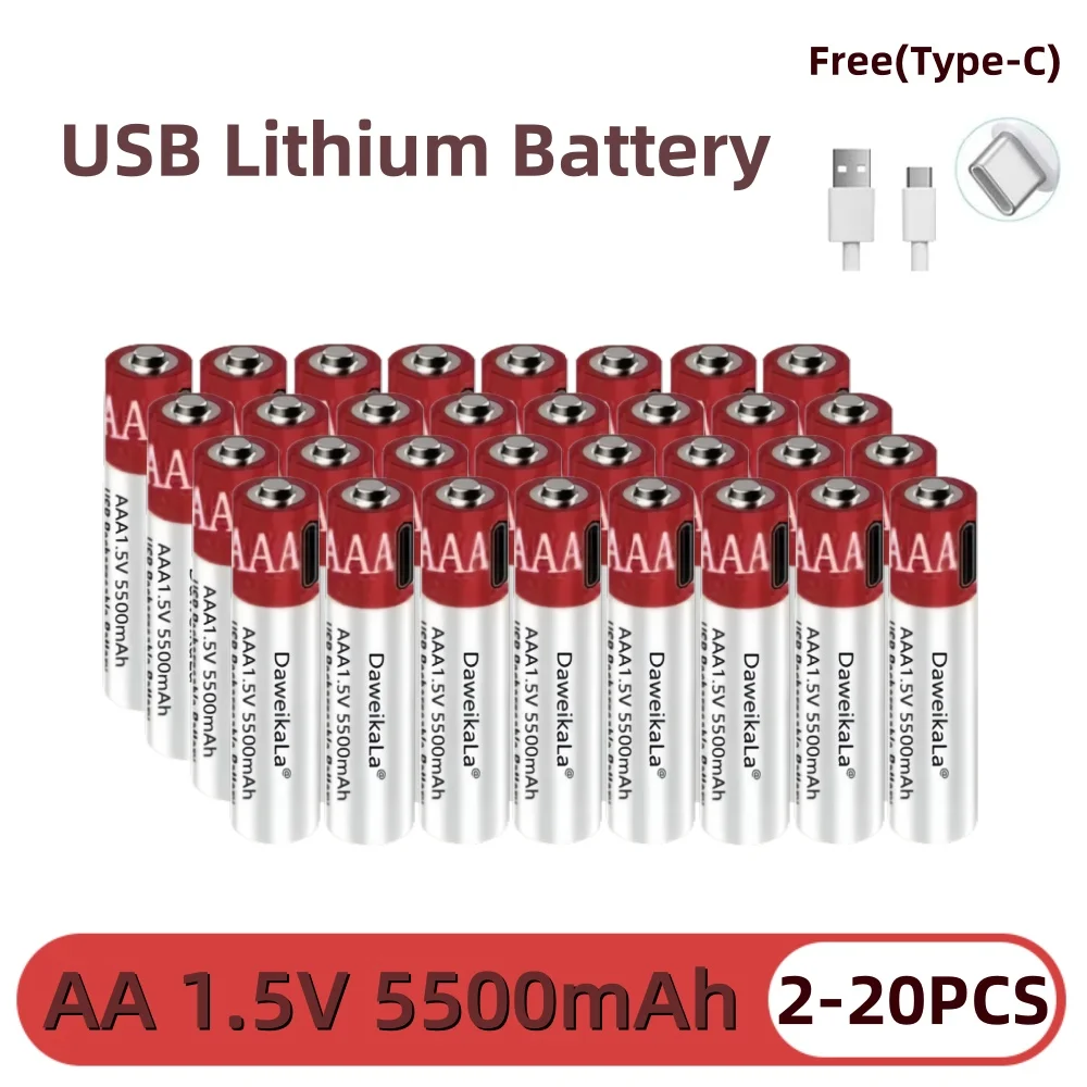 

New AA USB Rechargeable Li-ion Battery 1.5V AA 5500mah / Li Ion Battery Watch for Toys MP3 Player Thermometer Keyboard + Cable
