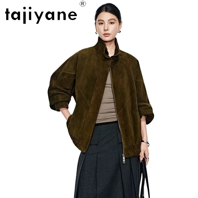 

TAJIYANE Real Goatskin Outerwears Women Fashion Green Suede Mid-Length Coat 2026 Spring Genuine Leather Jacket Woman Clothes 자켓
