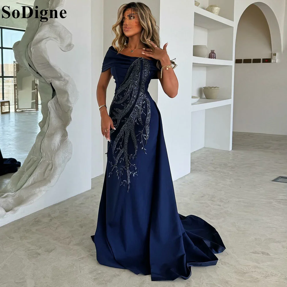 SoDigne Navy Blue Glitter Evening Dresses Off Shoulder Lace Appliques Beading A-Line Gala Banquet Prom Gowns 2024 Party Dress