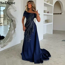 SoDigne Navy Blue Glitter Evening Dresses Off Shoulder Lace Appliques Beading A-Line Gala Banquet Prom Gowns 2024 Party Dress