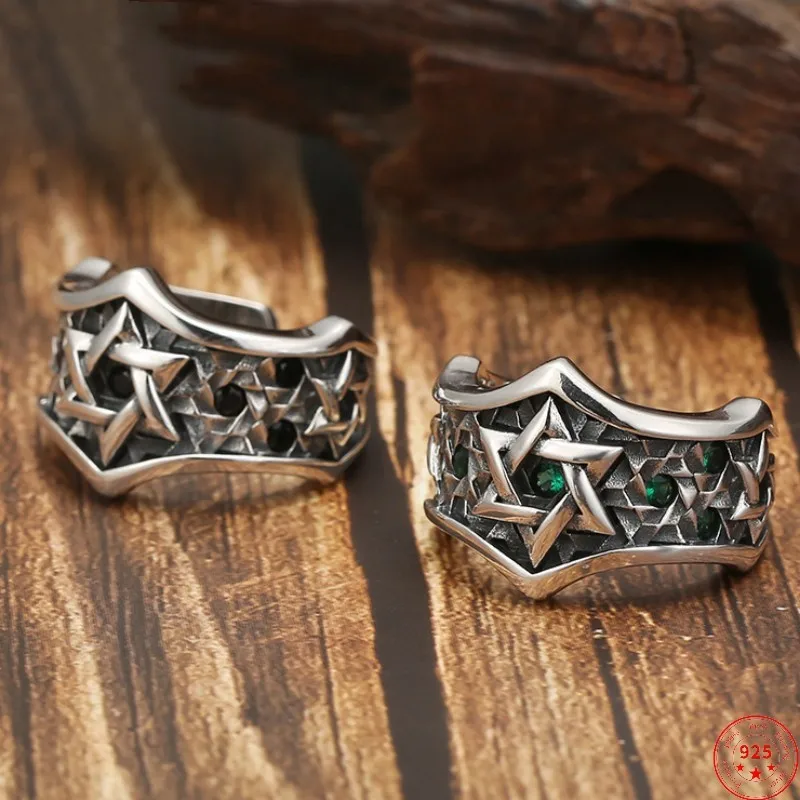 S925 Sterling Silver Charms Rings New Fashion Relief Hexagram Colors Zircon Opening Adjustable Argentum Viking Jewelry for Men