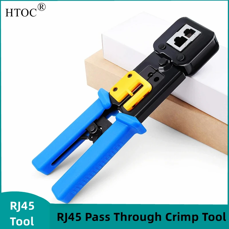 HTOC RJ45 Crimp Tool Pass Through Cat5 Cat5e Cat6 Crimping Tool For RJ45/RJ11 Regular And End-Pass-Through Connectors