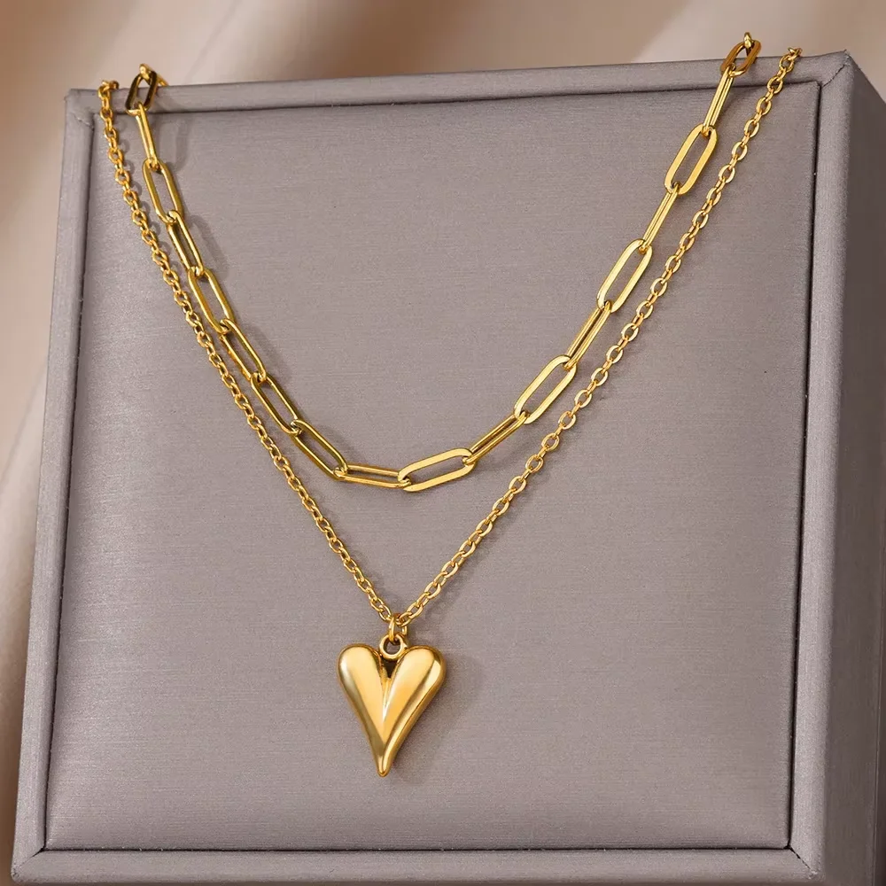 Double Layer Necklace Semi-3d Pointed Heart Necklace For Women Hip Hop Stainless Steel 18k Gold Color Choker Jewelry Xmas Gift