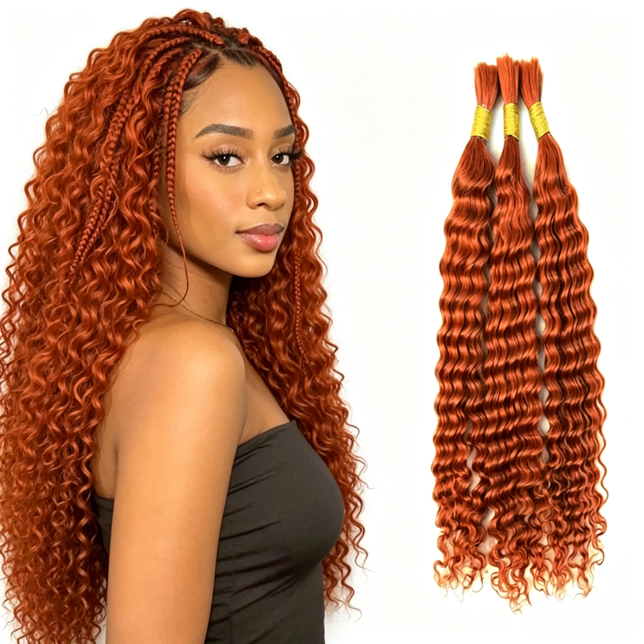350 Ginger Human Hair Bulk No Weft Deep Wave Human Hair Bulk for Braiding Colored Human Hair Extension