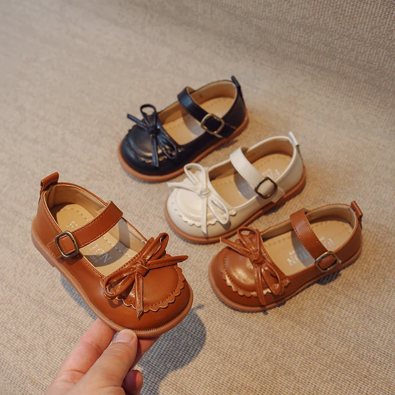 

Girls' PU Shoes 2024 Spring New Soft Sole Anti Slip Bow Children's Solid Color Loafer Flats Size 21-30