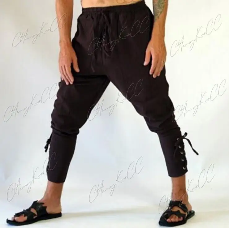 Halloween Adult Men Medieval 5XL Renaissance Lounge Pirate Horseman Costume Loose Pants Viking Black Brown Navigator Leg Bandage