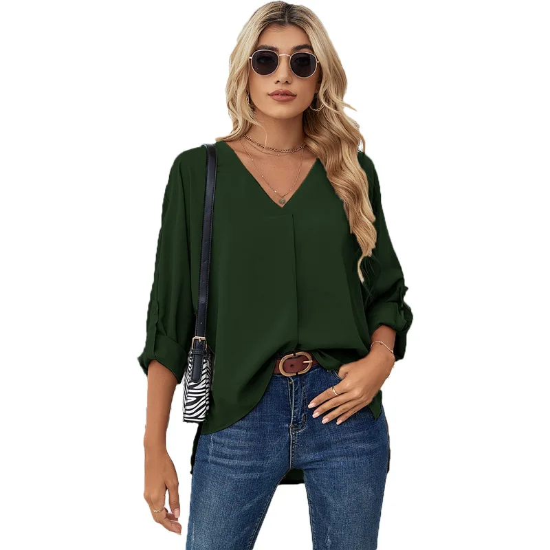 Top informal de manga larga con cuello en V para mujer, ropa de gasa de color liso, a la moda, otoño e invierno, 2024