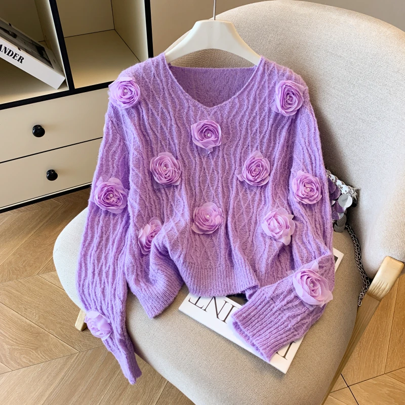

Ele Knitted Floral Sweater Women's Loose Beautiful Top Autumn New Design Sense Fairy Aosphere Polyester Fiber 00%