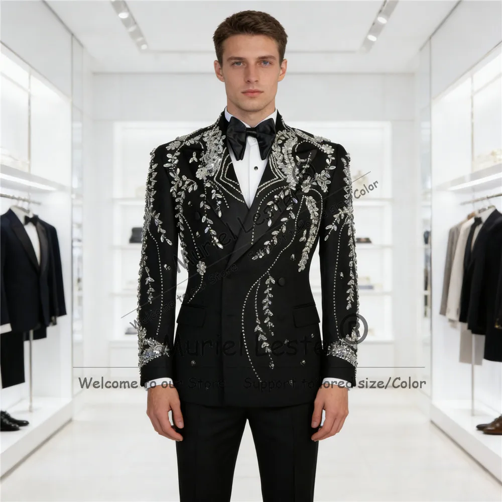 

Роскошный мужской костюм с камнями для свадьбы, двубортный пиджак для выпускного вечера, индивидуальный пошив, комплект из 2 предметов, смокинг для жениха