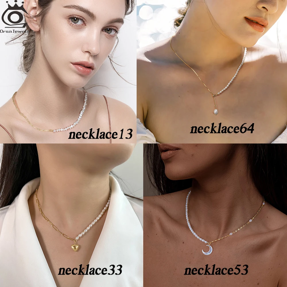 ORSA JEWELS S925 Silver 14K Gold Pearl Paperclip Link Chain Necklace for Women Vintage Pearls Bead Chain Neck Accessories GPN53