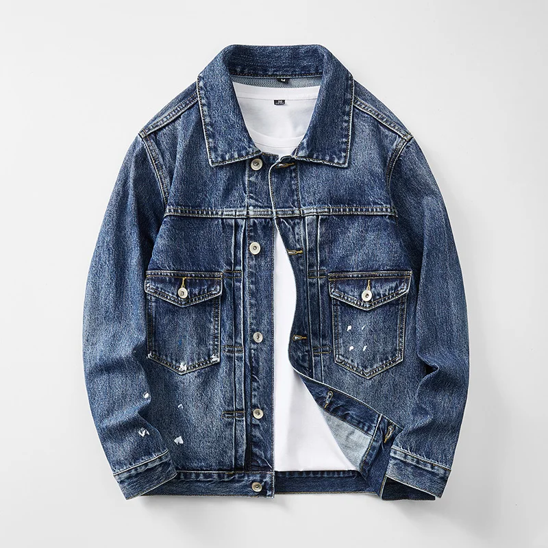 

Men's Vintage Wash Distressed Denim Jacket Autumn Color Block Patchwork Turn-down Collar Classic Trucker Style Jean Cargo Jacket