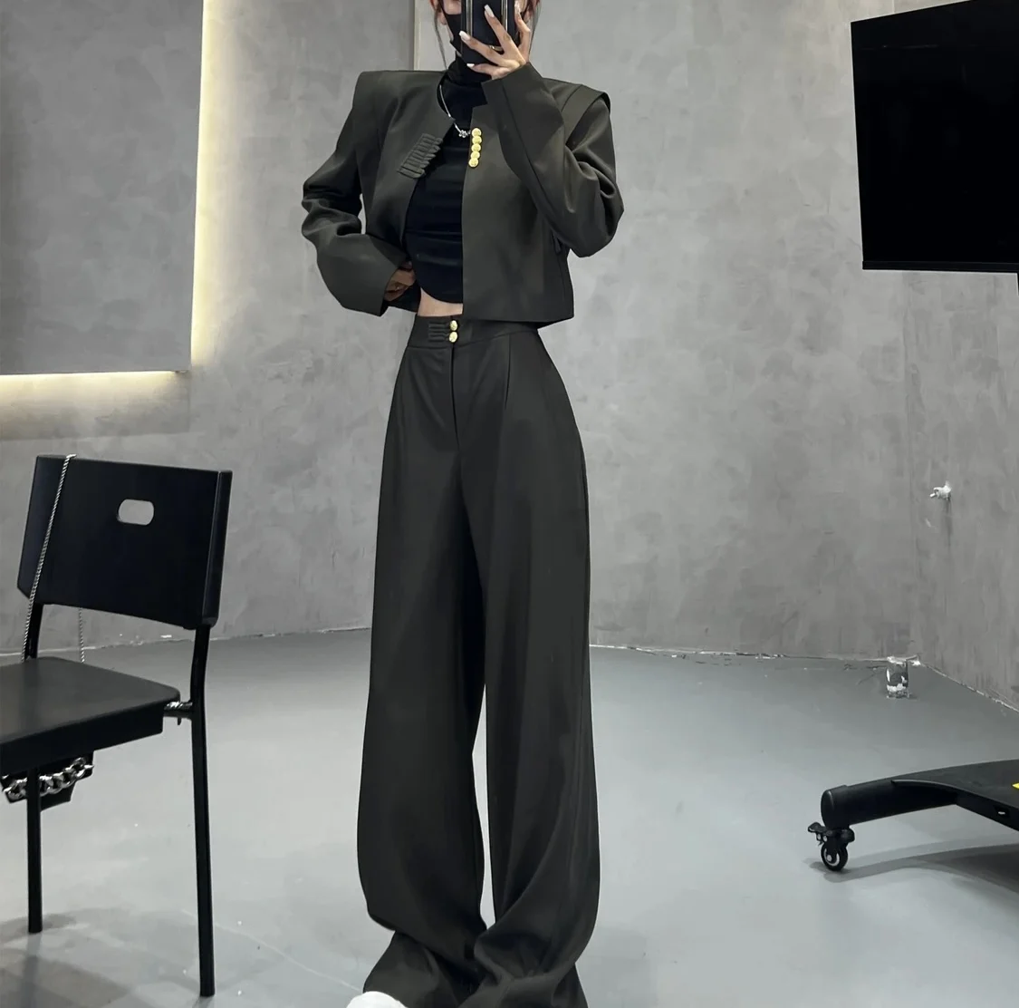 Woman's Spring Chinese Style Buckle Blazers Wide-leg Pant Suit Retro Casual Round Neck Suit Coat Wide-leg Pants Two-piece Sets