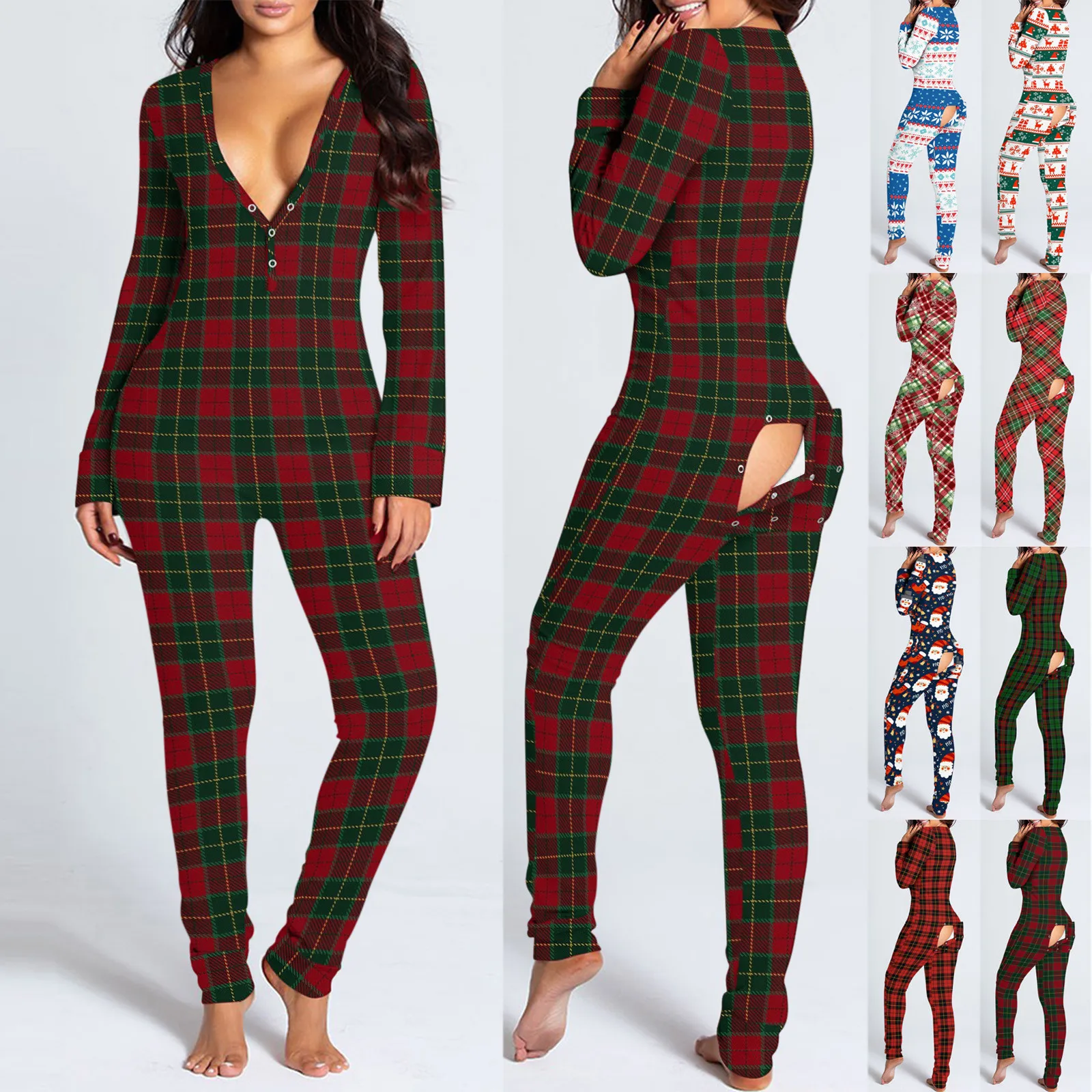 Womens Jumpsuit Onesie Pajamas Christmas Buttoned Functional Bodycon Romper Sleepwear Adult Long Sleeve V Neck Buttone Home Wear