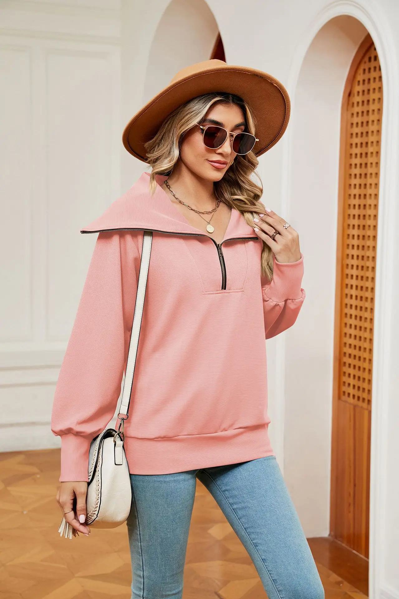

Casual Sport Shirt Women's Clothing Autumn Winter Solid Color Women's Sweatshirt Female Zipper Lapel Shawl Lady Pullovers Tops