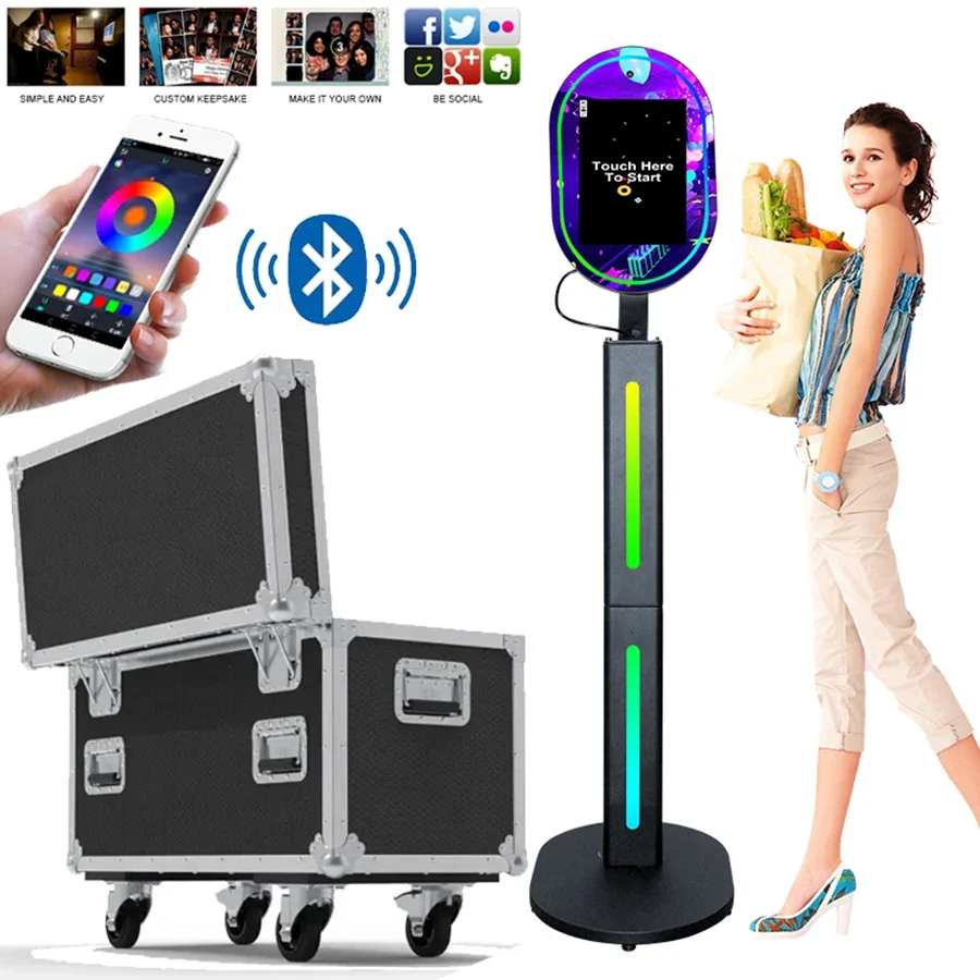 

Portable Built-in Camera Magic Mirror Photo Booth Portable Trolley Wheel Flight Box Mini-PC WIFI Touch Screen Selfie Photo Booth