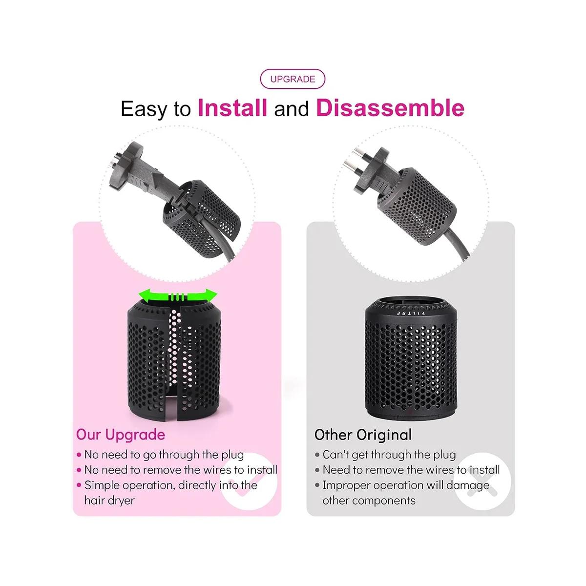 Hair Dryer Inner Filter + Outer Filter Cage for Dyson Hair Dryer HD01 HD03 HD08 Models, with Filter Cleaning Brush A