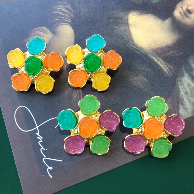 

Retro Styles Flower Earrings Stud Mixed Color Statement Sweet Jewelry Femme Accessories