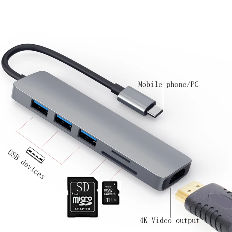 

6 in 1 USB HUB C type-c HUB USB C to USB 3.0 HDTV-Compatible Dock for MacBook Pro For Nintendo Switch USB-C Type C 3.0 Splitter
