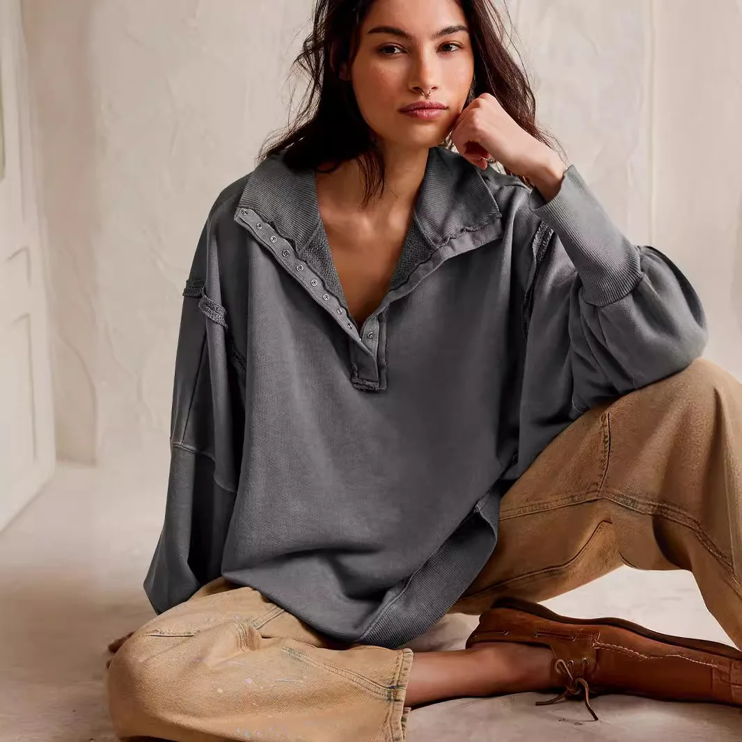 2025 Women's Lantern Sleeve Split Lapel Loose Sweater